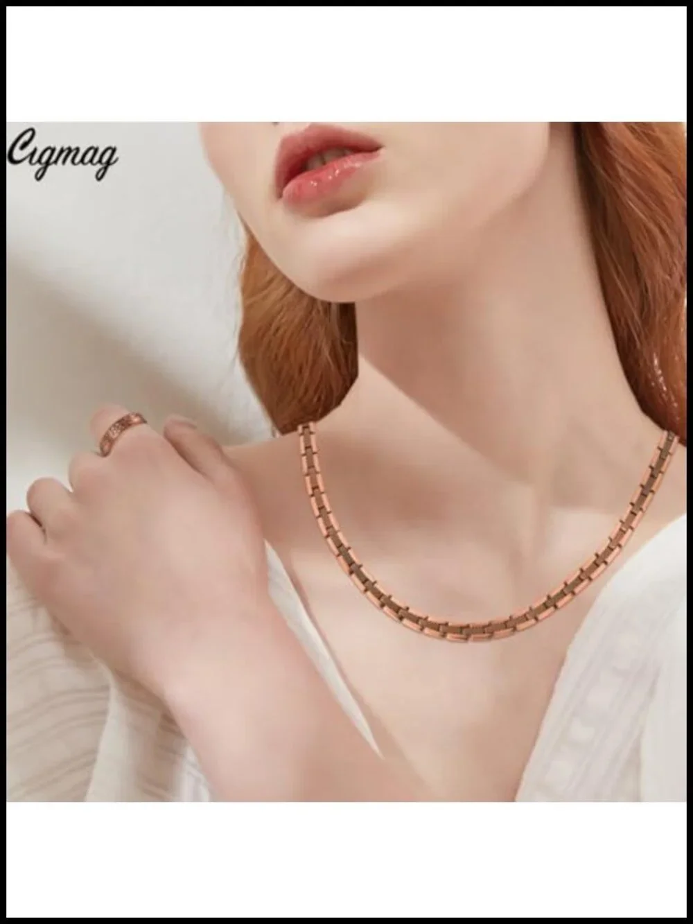 Solid Pure Copper Magnetic Necklace & Ring Set with Adjustable Sizing Tool
